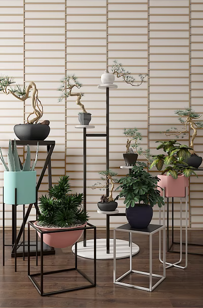 Stylish Metal Plant Stands With Black White Frames And Potted Plants On Wooden Floor Wall 3d model