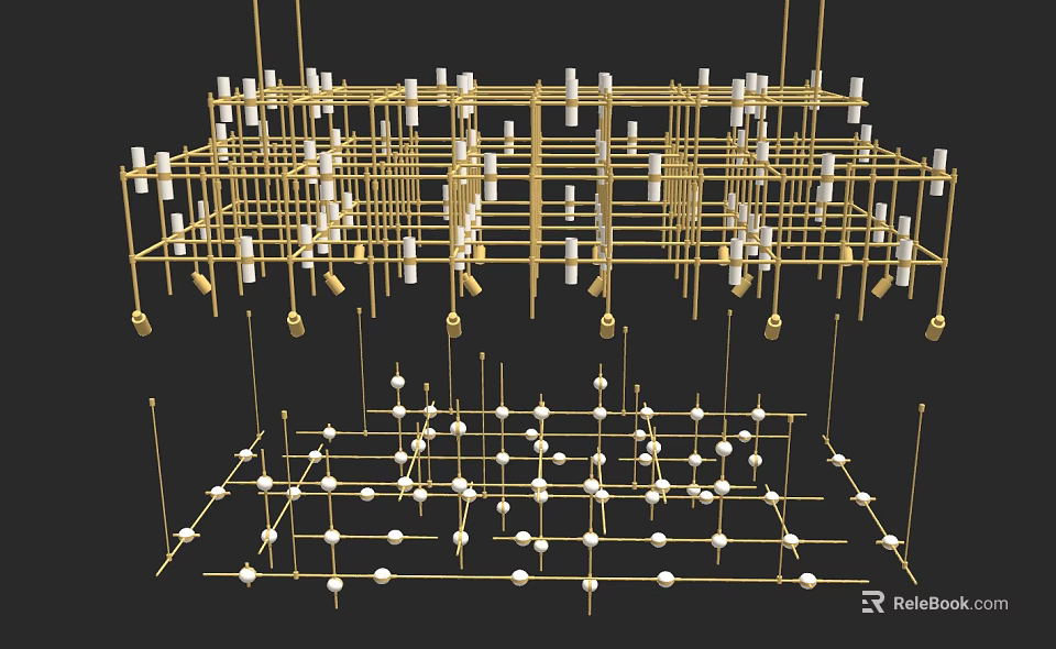 Modern Chandelier With Golden Geometric Frame And White Decorative Balls 3d model 
