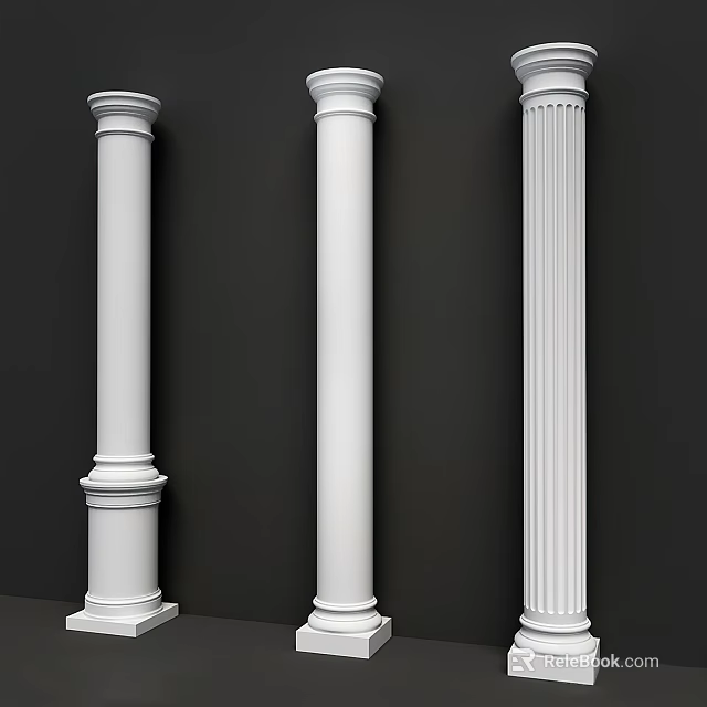 Three Decorative White Roman Columns With Different Designs Against Dark Background 3d model 