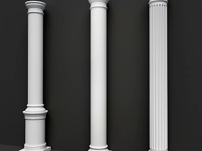 Three Decorative White Roman Columns With Different Designs Against Dark Background 3d model