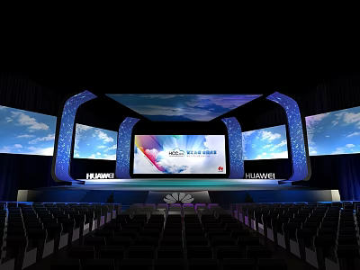 Huawei Conference Stage with Large Screens Blue Sky White Clouds Background and Audience Seats 3d model