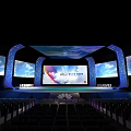 Huawei Conference Stage with Large Screens Blue Sky White Clouds Background and Audience Seats