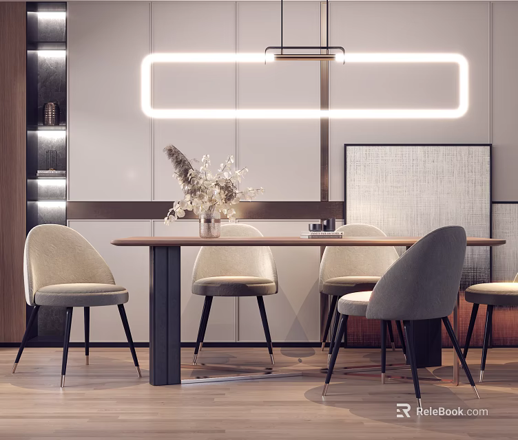 Modern Dining Table Set With Beige Gray Chairs Rectangular Pendant Light And Decorative Vase 3d model