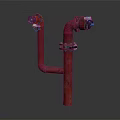 Red Rusty Metal Fire Pipe With Two Valves On Gray Background 3d model