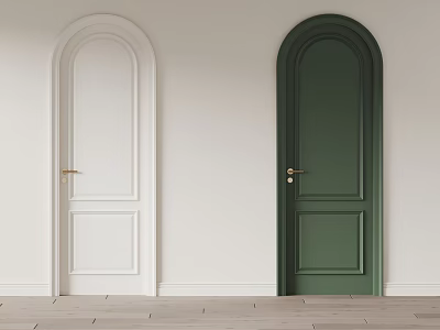 Two White and Dark Green Arched Hinged Doors in Minimalist Interior With Wooden Floor 3d model