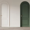 Two White and Dark Green Arched Hinged Doors in Minimalist Interior With Wooden Floor