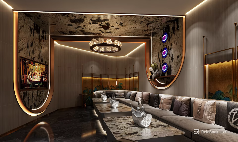 Luxurious KTV Interior Design With Curved Leather Sofa LED Lighting And Crystal Chandelier 3d model 