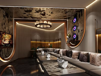 Luxurious KTV Interior Design With Curved Leather Sofa LED Lighting And Crystal Chandelier 3d model