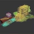 Traditional Agricultural Storage Equipment With Stacked Hay Bales Wooden Crate And Sacks