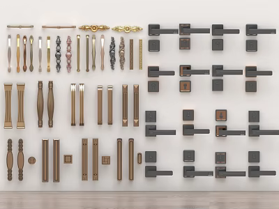 Various Decorative Metal Door Handles in Gold and Black Tones Displayed on Wall 3d model