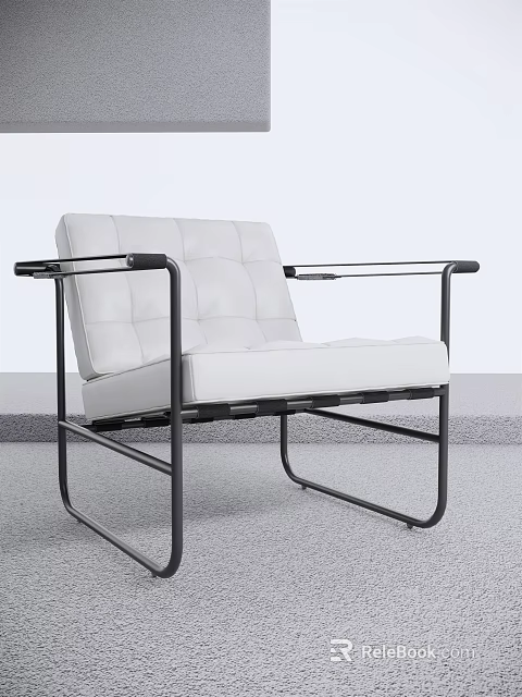 Modern Minimalist Single Sofa White Upholstered With Black Metal Frame Square Tufted Design 3d model 