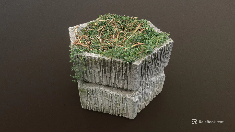 Green Plants and Moss Growing in Hexagonal Stacked Stone Planter with Textured Surface 3d model 