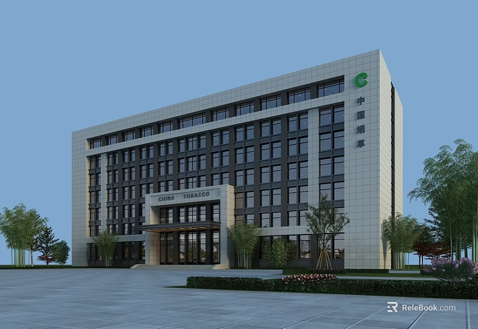 Modern Office Building Exterior Design With Glass Windows Entrance And Surrounding Trees 3d model 