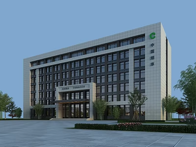 Modern Office Building Exterior Design With Glass Windows Entrance And Surrounding Trees 3d model