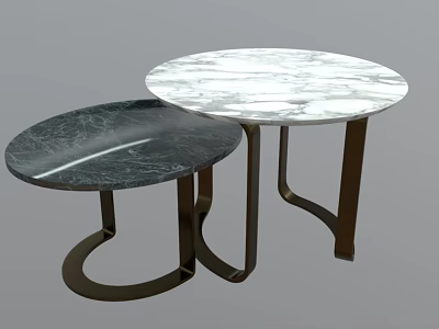 Two Round Coffee Tables With White And Dark Marble Tabletops And Metal Frames 3d model
