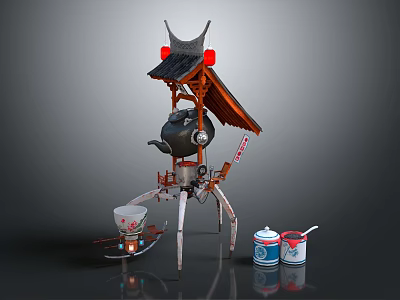 Tea Pot Shaped Spider Robot With Traditional Pavilion Roof And Tea Cups 3d model