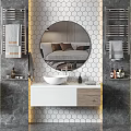 Three Bathroom Vanities With Round Mirrors Hexagonal Tile Walls White Wooden Countertops And Golden Legs