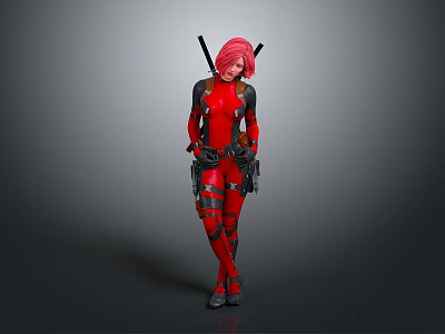 Woman With Pink Hair In Red Black Bodysuit Standing Confidently With Crossed Legs And Swords 3d model