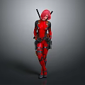 Woman With Pink Hair In Red Black Bodysuit Standing Confidently With Crossed Legs And Swords