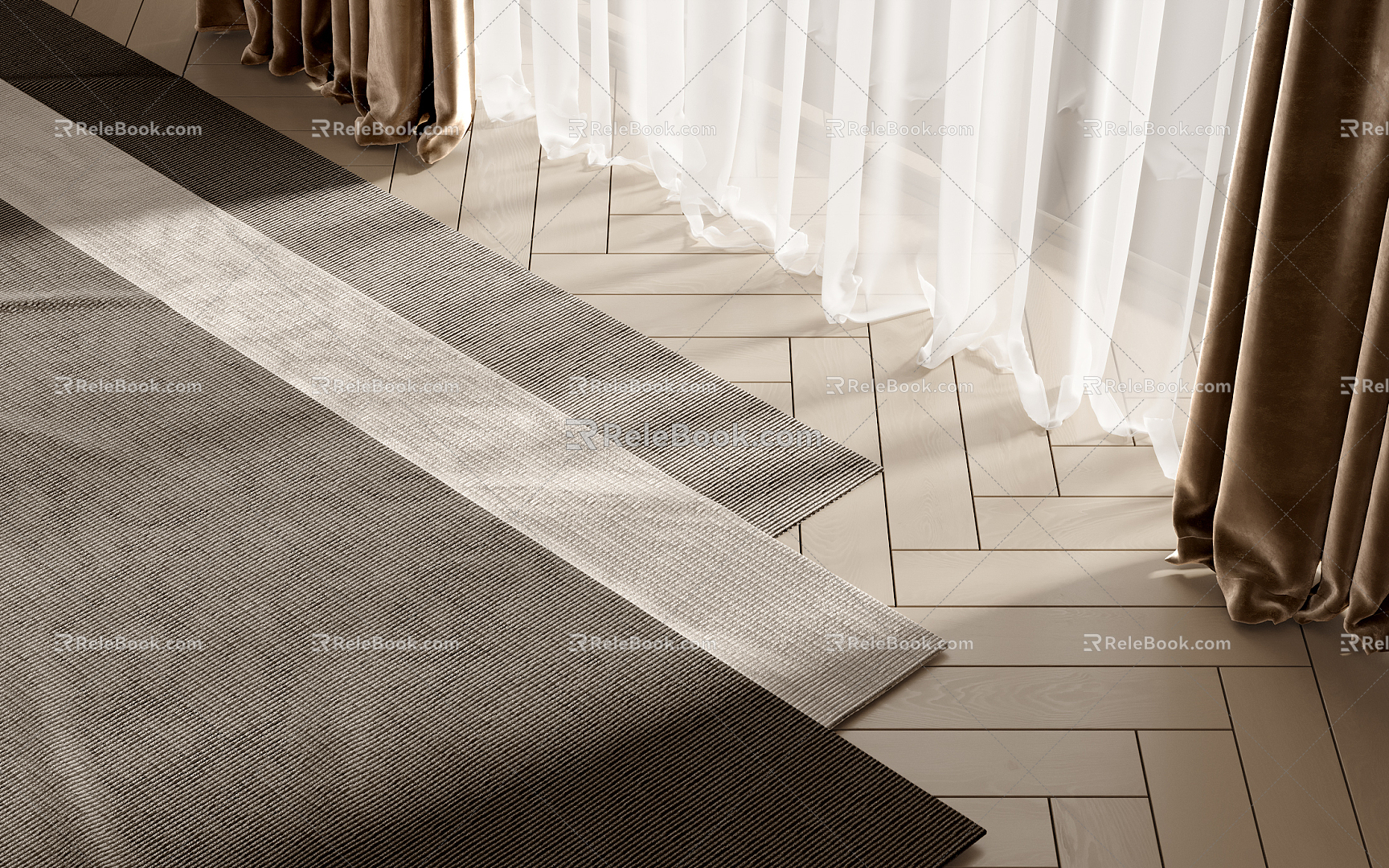 Modern Square Carpet Carpet Wood Floor Curtain Gauze Curtain 3d model