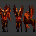 Three Red Winged Mythical Ram Like Creatures Displayed From Different Angles