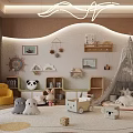 Cute Plush Toys in Cozy Kids Room with Tent Bookshelf and Star Decorations