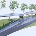 Modern Curved Pergola Structure With Green Trees Grass Pathway And Water Feature 3d model