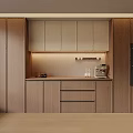 Modern Wooden Sideboard In Kitchen With Storage Cabinets Drawers And LED Lighting