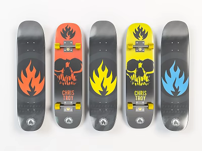 Different Color Skateboards Featuring Flame Designs And Whiplash Chris Day Logos 3d model