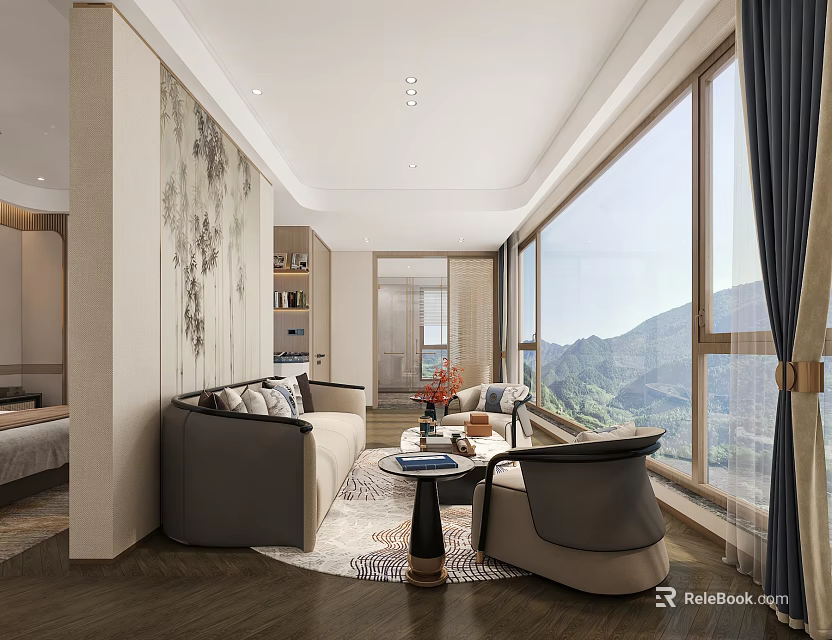 Modern Lounge Interior With Sofa Armchair Round Rug And Mountain View 3d model 