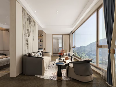 Modern Lounge Interior With Sofa Armchair Round Rug And Mountain View 3d model
