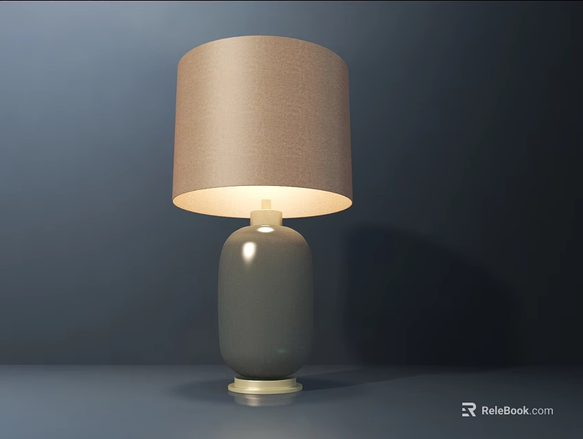 Modern Simple Table Lamp With Gray Body And Beige Fabric Lampshade Lit In Dark Background 3d model 