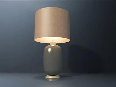Modern Simple Table Lamp With Gray Body And Beige Fabric Lampshade Lit In Dark Background 3d model