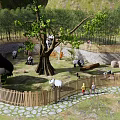 Panda Park Landscape With Large Tree Wooden Fence Stone Path And Visitors