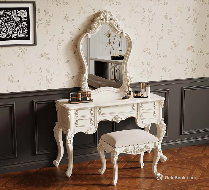 Classic White Dressing Table With Ornate Mirror Stool Floral Wallpaper Dark Wainscoting And Wooden Floor 3d model 