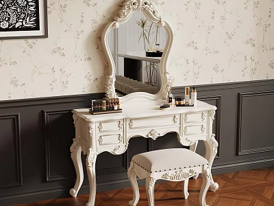 Classic White Dressing Table With Ornate Mirror Stool Floral Wallpaper Dark Wainscoting And Wooden Floor 3d model