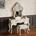 Classic White Dressing Table With Ornate Mirror Stool Floral Wallpaper Dark Wainscoting And Wooden Floor