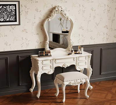 Classic White Dressing Table With Ornate Mirror Stool Floral Wallpaper Dark Wainscoting And Wooden Floor 3d model