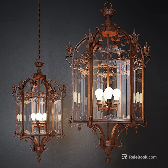 Vintage Wrought Iron Chandeliers With Glass Shades And Intricate Scrollwork 3d model 