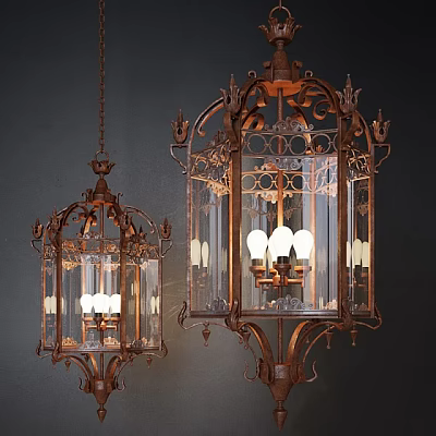 Vintage Wrought Iron Chandeliers With Glass Shades And Intricate Scrollwork 3d model