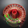 Copper Colored Spiral Technical Equipment With Central Red Cylinder And Glowing Green Yellow Lines