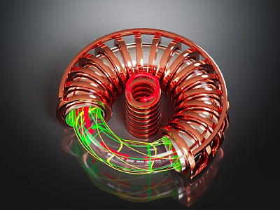 Copper Colored Spiral Technical Equipment With Central Red Cylinder And Glowing Green Yellow Lines 3d model