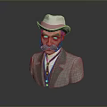 3D Male Character Bust With White Hat Mustache Gray Coat And Red Vest