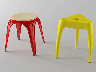 Red And Yellow Modern Stools With Wooden Seat Curved Legs And Circular Design Features 3d model