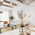 Modern Dining and Living Room Space with Wooden Table Sofa Pendant Lights and Green Plants