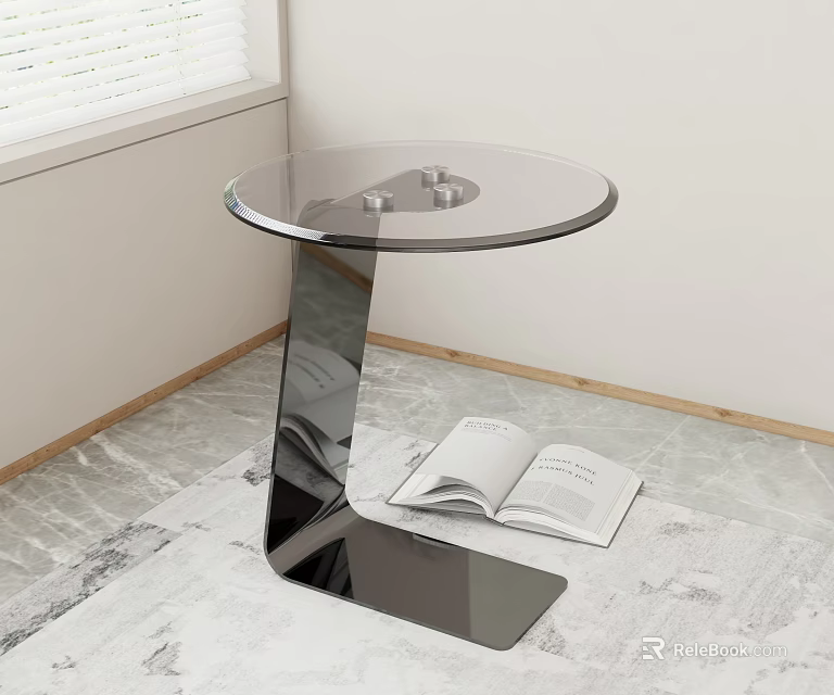 Modern Round Glass Top Side Table with Metal Base and Open Book on Marble Floor 3d model 