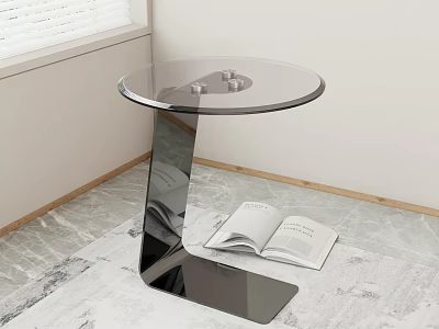 Modern Round Glass Top Side Table with Metal Base and Open Book on Marble Floor 3d model