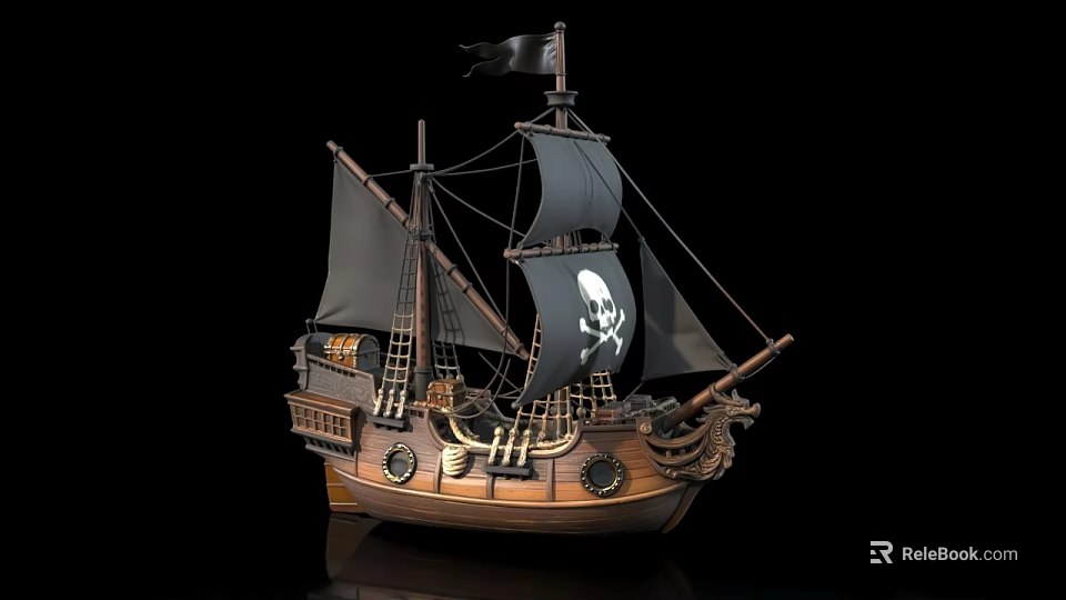 Wooden Pirate Ship With Black Sails Skull Flag And Decorative Hull Details 3d model 