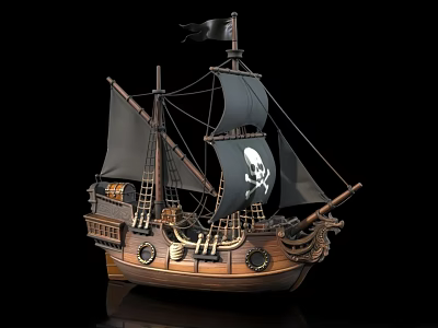 Wooden Pirate Ship With Black Sails Skull Flag And Decorative Hull Details 3d model