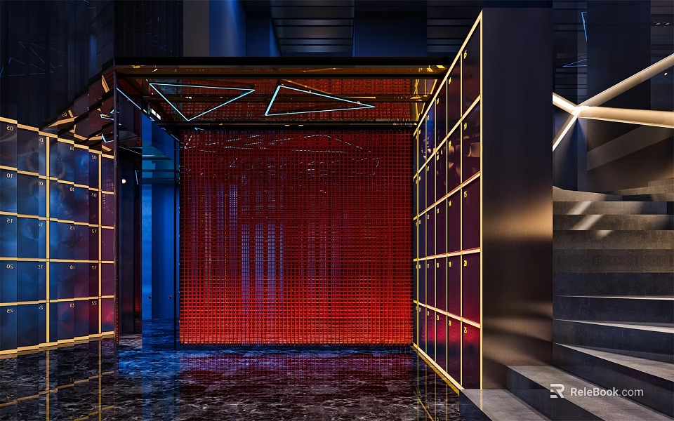 Modern KTV Interior Design with Red Curtain Golden Frame Lighting and Marble Floor 3d model 